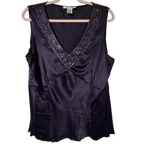 Sz 16 Y2k Vtg Nine West Dark Plum Purple Beaded 100% Silk Tank Top Glam Business